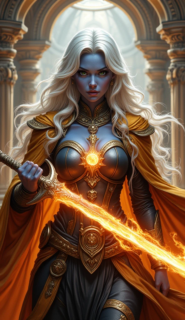 fantasy art, dnd art, RPG art, wide shot, (masterpiece: 1.4) a (portrait: 1.3) intense details, highly detailed, photorealistic, best quality, highres, portrait a female (fantasy art, Masterpiece, best quality: 1.3) ((blue skin: 1.5)), intense details facial details, exquisite beauty, (fantasy art, Masterpiece, best quality) cleric, ((cobalt blue skin: 1.5)) female, ((white hair: 1.5)), long hair, (((no ears: 1.5))), (green eyes: 1.3), armed with a fiery sword red fire, wearing (twilight priestly combat vestments: 1.5), wearing high heeled laced boots, wearing an (orange cloak:1.3), wearing glowing sun holy symbol  fantasy temple background, reflection light, high details, best quality, 16k, [ultra detailed], masterpiece, best quality, (extremely detailed), close up, ultra wide shot, photorealistic, RAW, fantasy art, dnd art, fantasy art, realistic art,((best quality)), ((masterpiece)), (detailed), perfect face, Cinematic Hollywood Film style, hyp3rd3tail style