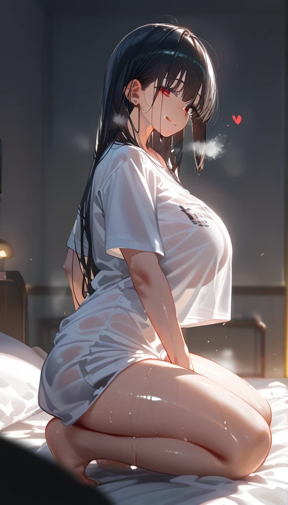 Long black hair、Red eyes、Tsukuyomi Minato, Oversized T-shirt、Super huge breasts, High resolution, An atomic masterpiece, Best Quality, high detail, damage, High resolutionモデル, retina, Very detailed, Textured Skin, 超High resolution, 航空photograph, Background Blur, Exposure, Movie Light Effects, photograph, reality, From the side, Girl straddling a man、
((Backlight、UV Blacklight Illumination、Shiny white shirt、The room was dark and had no windows...、The bedroom is lit in black and neon light ))、Backlight、
sweat,steam, , shortness of breath, Charming smile, 

Heavy breathing、Passionate kiss、Earrings, Licking lips,  Squat、