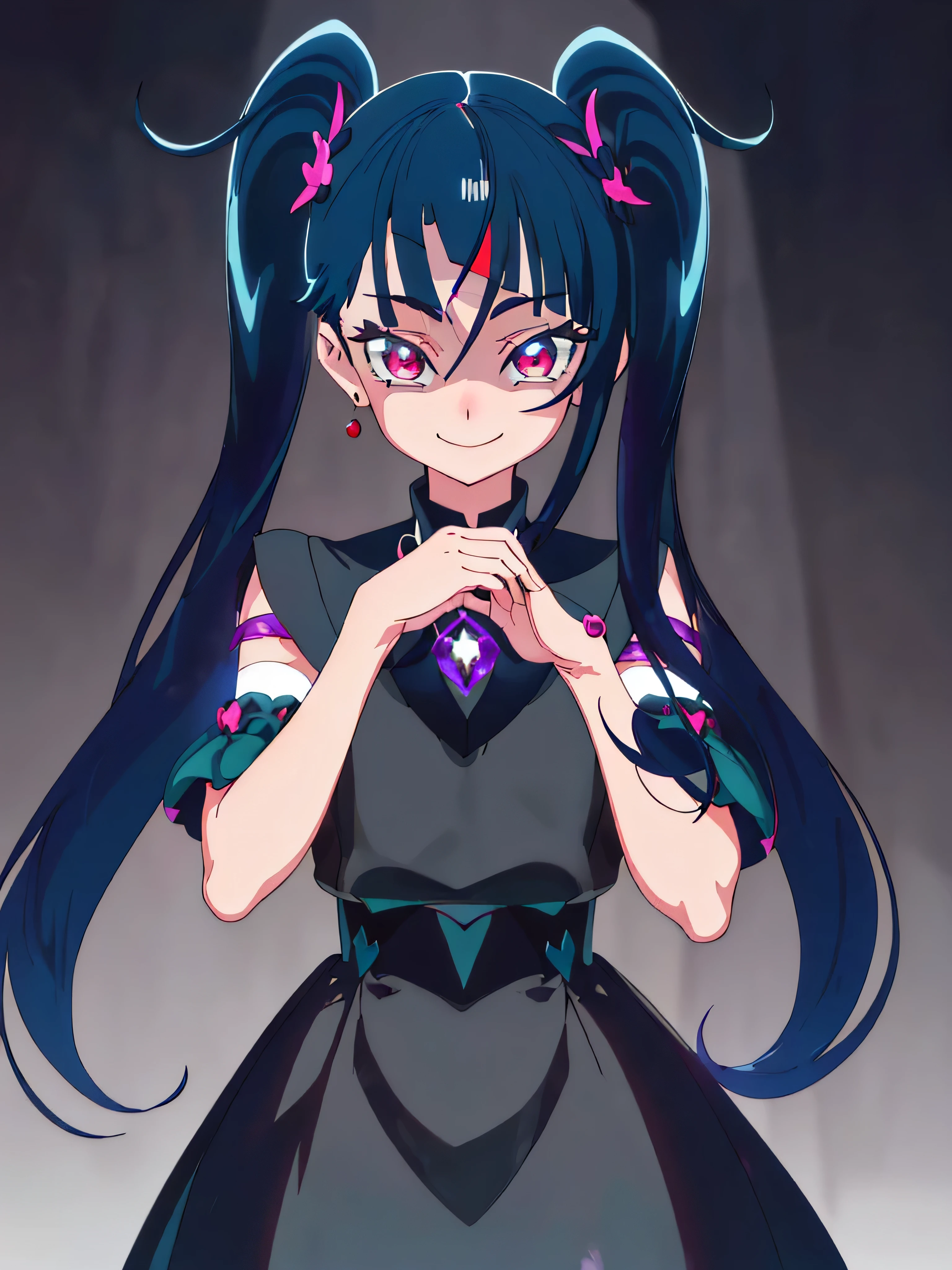 Best Quality, Very detailed,One Girl, alone, {cure_null_hirogarunullprecure:1.15}, Dark Blue Hair, red eye, Red eyes, Long Hair, Twin tails, Magical Girl, bangs, Open your mouth, Redhead, multicoloRedhead, One Girl, blunt bangs, Darken your clothes, Hair Accessories, Evil smile, devilish aura (Shiny fabric:1.5), Full Body Shot, Purple Gemstone, Charming, , (Beautiful attention to detail:1.6), Very detailed顔, Perfect lighting, Very detailedなCG, (Perfect hands, Perfect Anatomy), devil, black color scheme, Shiny material, Green, Black ribbon, black satin gloves, Evil clover leaf decoration, Black frills, jewelry, corruption, Latex gloss, Black Gothic Cape, Evil smile,(A spooky world)))), (((A world of fear))) ,((masterpiece)), ((Best Quality)), ((Very detailed)), (shape), ((Very delicate and beautiful)), , cloudy null, CG Style, One-sided black wing,Dark Shadow Face,Sadistic smile,Malice,Contempt,smile,black,Perfect hands,Perfect body,,Perfect Face,A somewhat crazy smile and a powerful black aura,（Dark and scary atmosphere,Gothic Fashion,Dark colors）,(Shrouded in darkness, black background, shadow, Extreme darkness:2.0),Dark Energy