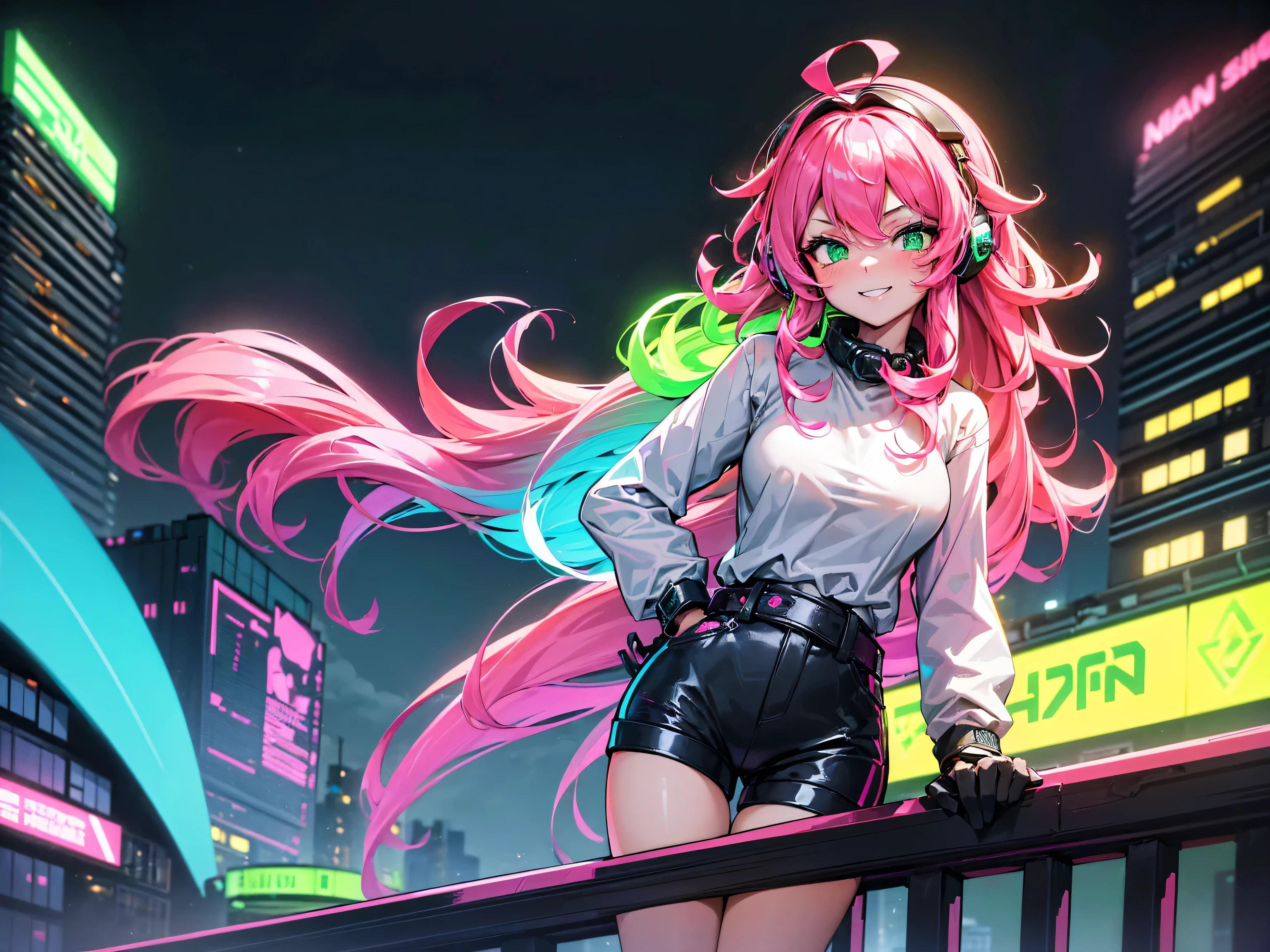 A woman with pink hair and headphones standing on a railing - SeaArt AI