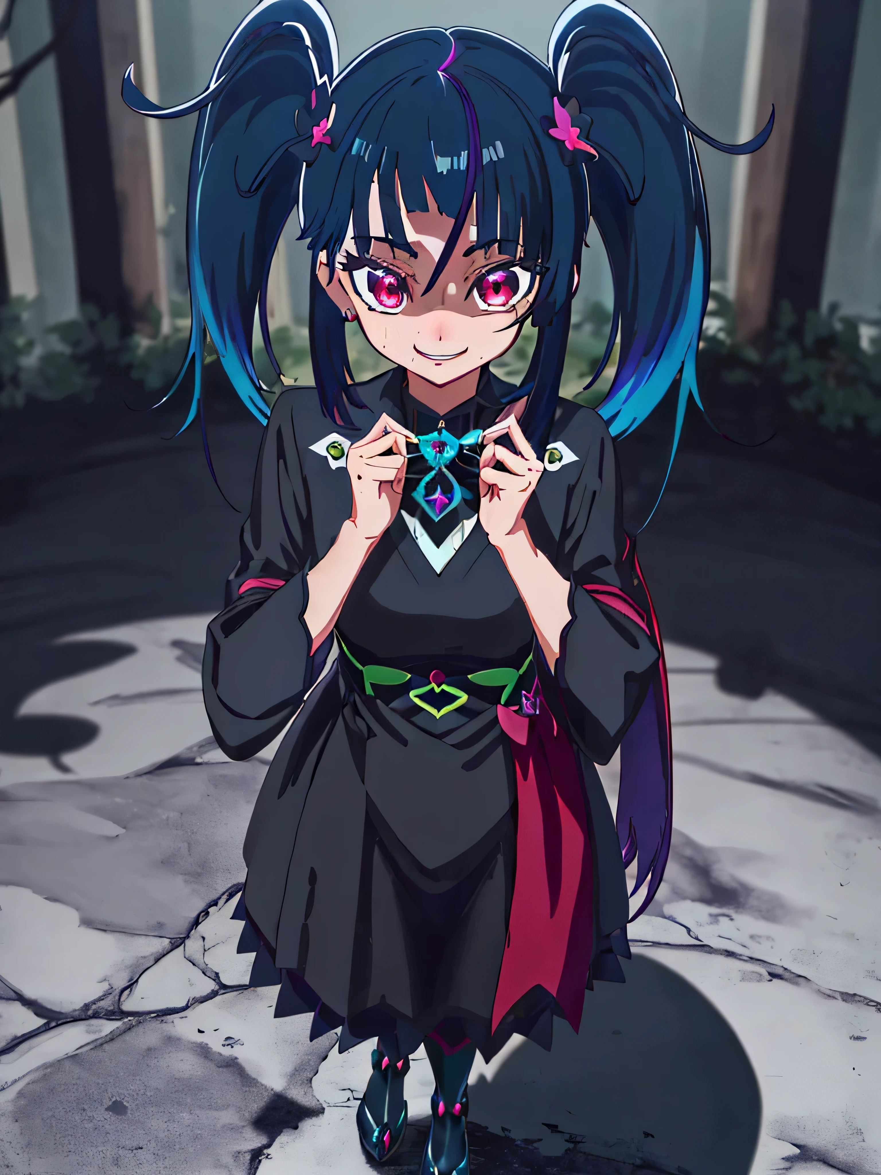 Best Quality, Very detailed,One Girl, alone, {cure_null_hirogarunullprecure:1.15}, Dark Blue Hair, red eye, Red eyes, Long Hair, Twin tails, Magical Girl, bangs, Open your mouth, Redhead, multicoloRedhead, One Girl, blunt bangs, Darken your clothes, Hair Accessories, Evil smile, devilish aura (Shiny fabric:1.5), Full Body Shot, Purple Gemstone, Charming, , (Beautiful attention to detail:1.6), Very detailed顔, Perfect lighting, Very detailedなCG, (Perfect hands, Perfect Anatomy), devil, black color scheme, Shiny material, Green, Black ribbon, black satin gloves, Evil clover leaf decoration, Black frills, jewelry, corruption, Latex gloss, Black Gothic Cape, Evil smile,(A spooky world)))), (((A world of fear))) ,((masterpiece)), ((Best Quality)), ((Very detailed)), (shape), ((Very delicate and beautiful)), , cloudy null, CG Style, One-sided black wing,Dark Shadow Face,Sadistic smile,Malice,Contempt,smile,black,,Perfect body,,Perfect Face,A somewhat crazy smile and a powerful black aura,（Dark and scary atmosphere,Gothic Fashion,Dark colors）,(Shrouded in darkness, black background, shadow, Extreme darkness:2.0),Dark Energy