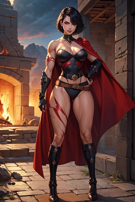 Full body back, best quality, expressive eyes, perfect face(masterpiece), best quality, expressive eyes, perfect face, Female Warrior, short black hair, scar on left eye, tanned skin, red lips, amber eyes, curvilinear, wide hips, big breasts, agachada, (perfect anatomy:1.4), red cape torn shoulder, Arm sleeves, belt on the legs, steel plate boots, steel plate gloves, Collisions, pectoral, pussy plate, body scars, arm armor, leg armor, Seminua , ShirtleSS, Sensual