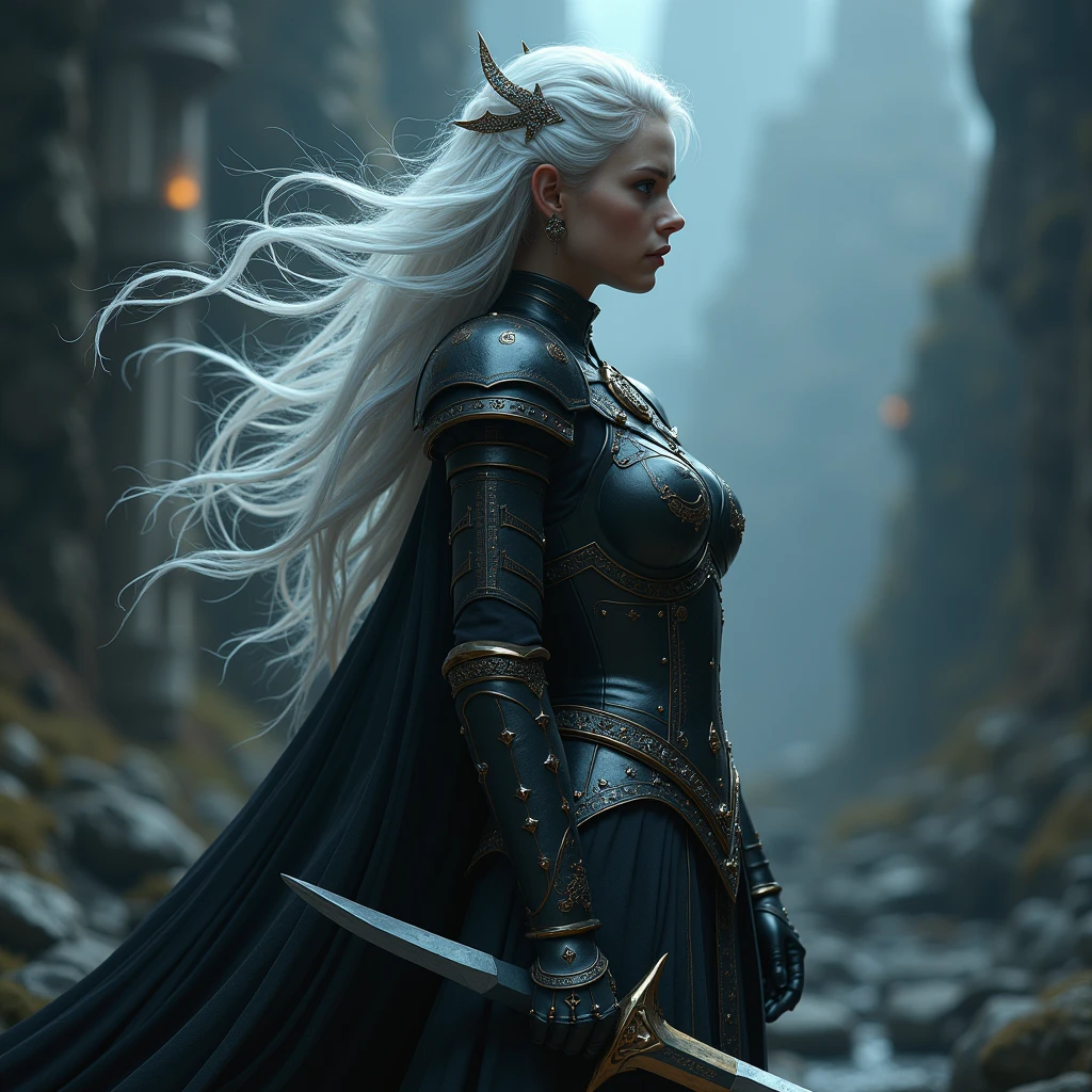 Slavic warrior with blue eyes, white hair, one hundred and sixty-one centimeters tall, eighty-three centimeters of bust, seventy-four centimeters of waist and one hundred two centimeters of hips, dressed in black and with a sword, in the background a destroyed battlefield night with storms and thunder lightning, scene cinematic angles cinematic 8k resolution.