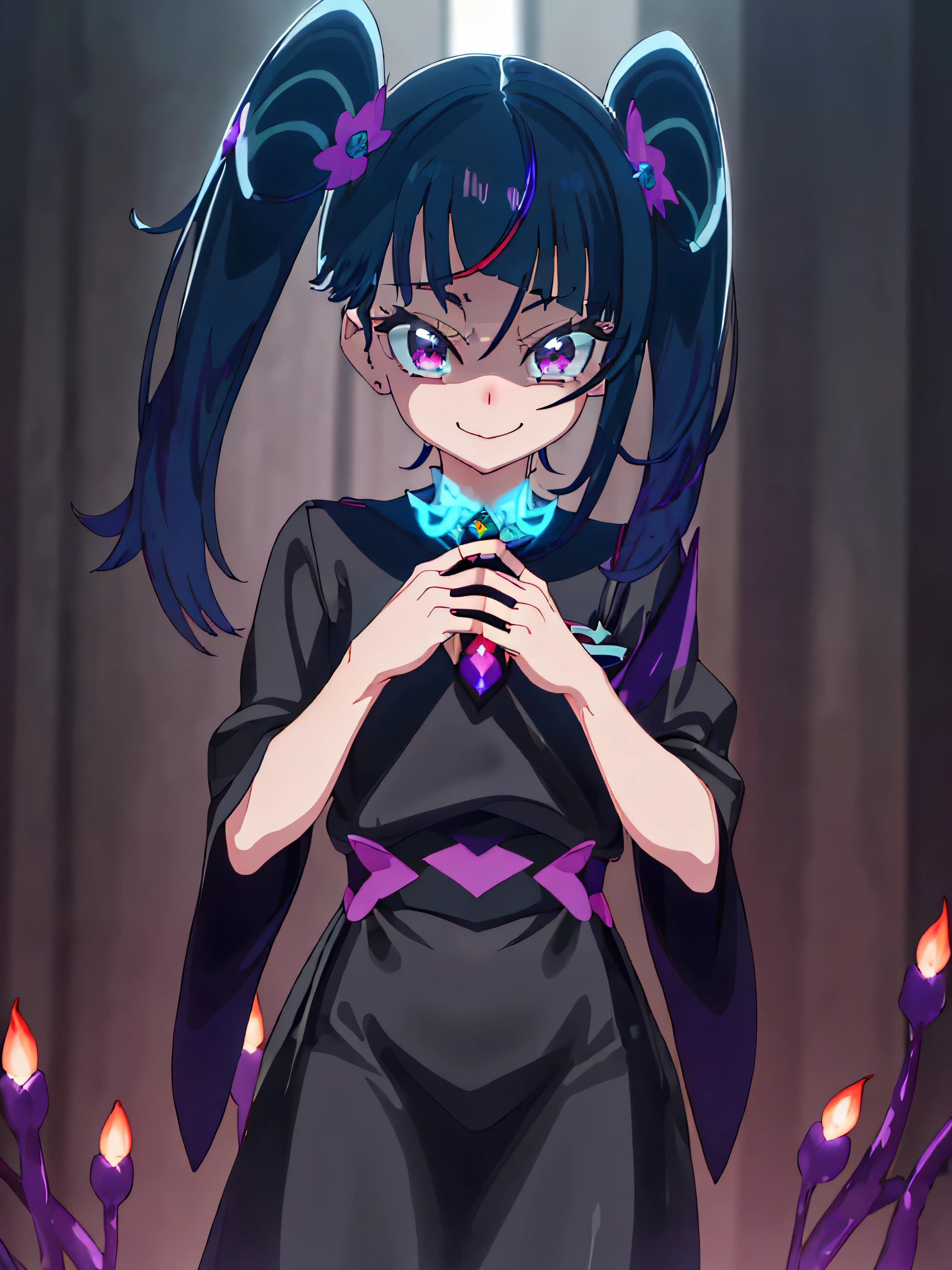 Best Quality, Very detailed,One Girl, alone, {cure_null_hirogarunullprecure:1.15}, Dark Blue Hair,Red eyes, Red flames in the eyes, Long Hair, Twin tails, Magical Girl, bangs, Open your mouth, Redhead, multicoloRedhead, One Girl, blunt bangs, Darken your clothes, Hair Accessories, Evil smile, devilish aura (Shiny fabric:1.5), Full Body Shot, Purple Gemstone, Charming, , (Beautiful attention to detail:1.6), Very detailed顔, Perfect lighting, Very detailedなCG, (Perfect hands, Perfect Anatomy), devil, black color scheme, Shiny material, Green, Black ribbon, black satin gloves, Evil clover leaf decoration, Black frills, jewelry, corruption, Latex gloss, Black Gothic Cape, Evil smile,(A spooky world)))), (((A world of fear))) ,((masterpiece)), ((Best Quality)), ((Very detailed)), (shape), ((Very delicate and beautiful)), , cloudy null, CG Style, One-sided black wing,Dark Shadow Face,Sadistic smile,Malice,Contempt,smile,black,,Perfect body,,Perfect Face,A somewhat crazy smile and a powerful black aura,（Dark and scary atmosphere,Gothic Fashion,Dark colors）,(Shrouded in darkness, black background, shadow, Extreme darkness:2.0),Dark Energy,looking down at viewer