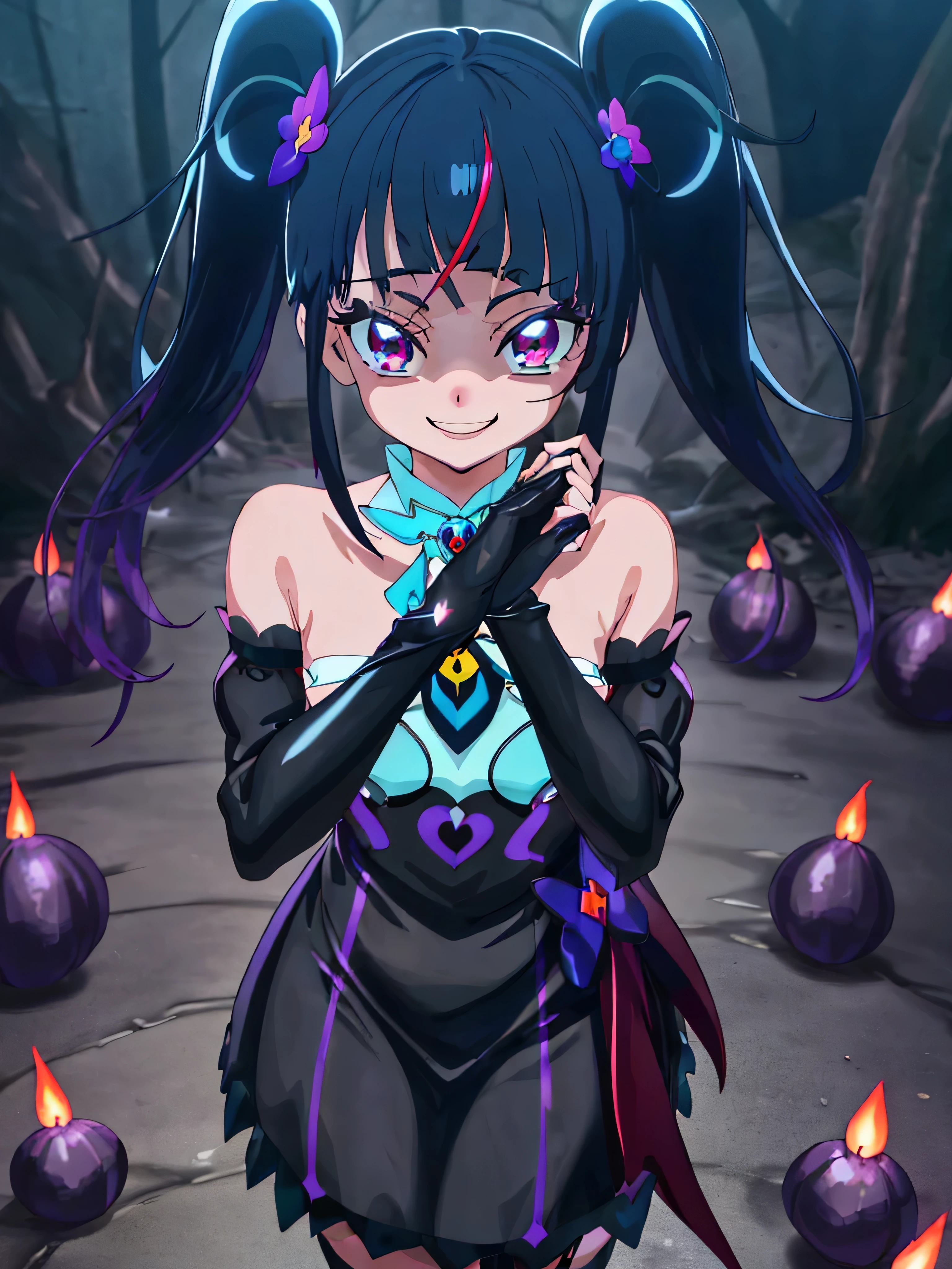 Best Quality, Very detailed,One Girl, alone, {cure_null_hirogarunullprecure:1.15}, Dark Blue Hair,Red eyes, Red flames in the eyes, Long Hair, Twin tails, Magical Girl, bangs, Open your mouth, Redhead, multicoloRedhead, One Girl, blunt bangs, Darken your clothes, Hair Accessories, Evil smile, devilish aura (Shiny fabric:1.5), Full Body Shot, Purple Gemstone, Charming, , (Beautiful attention to detail:1.6), Very detailed顔, Perfect lighting, Very detailedなCG, (Perfect hands, Perfect Anatomy), devil, black color scheme, Shiny material, Green, Black ribbon, black satin gloves, Evil clover leaf decoration, Black frills, jewelry, corruption, Latex gloss, Black Gothic Cape, Evil smile,(A spooky world)))), (((A world of fear))) ,((masterpiece)), ((Best Quality)), ((Very detailed)), (shape), ((Very delicate and beautiful)), , cloudy null, CG Style, One-sided black wing,Dark Shadow Face,Sadistic smile,Malice,Contempt,smile,black,,Perfect body,,Perfect Face,A somewhat crazy smile and a powerful black aura,（Dark and scary atmosphere,Gothic Fashion,Dark colors）,(Shrouded in darkness, black background, shadow, Extreme darkness:2.0),Dark Energy,looking down at viewer