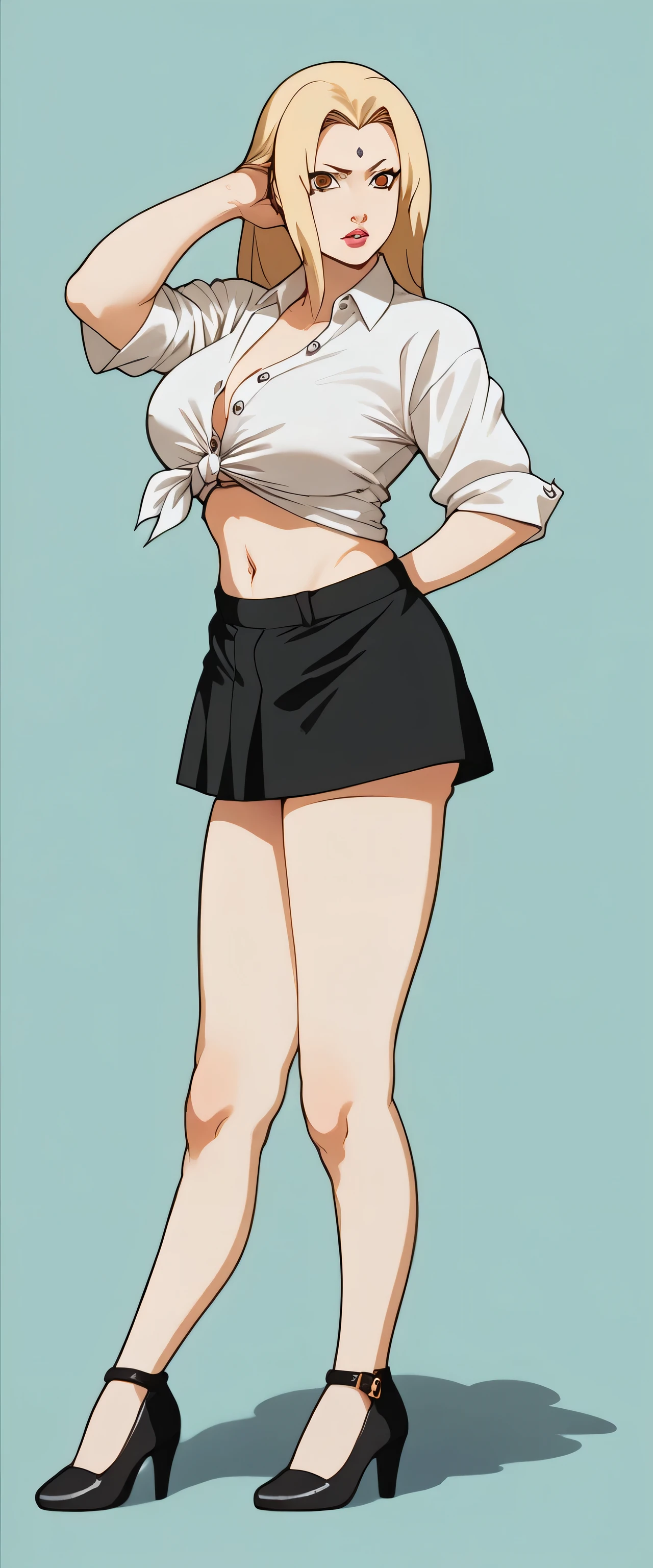 A tall sexy sensual beauty woman with big breasts, long yellow blonde hair, brown eyes, wears a white button-down shirt tied with a knot, showing her belly button and a short black skirt, black heels, turned back 