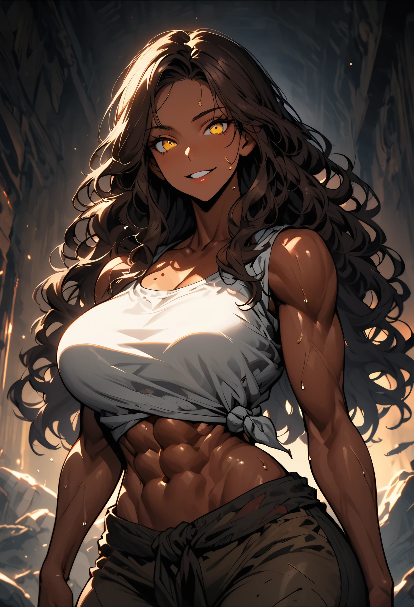 Solo, close up, female, long wavy black hair, pitch black skin, broad shoulders:1.4, wide smile, large breasts, mature, black eyes, black cat ears, black cat tail, casual clothes, cleavage, indoors, modern home, muscular, bell pants, cat collar, bell collar, wrinkles on eyes, greying hair, abs, cute cat pose, blush, large woman, 50 years old