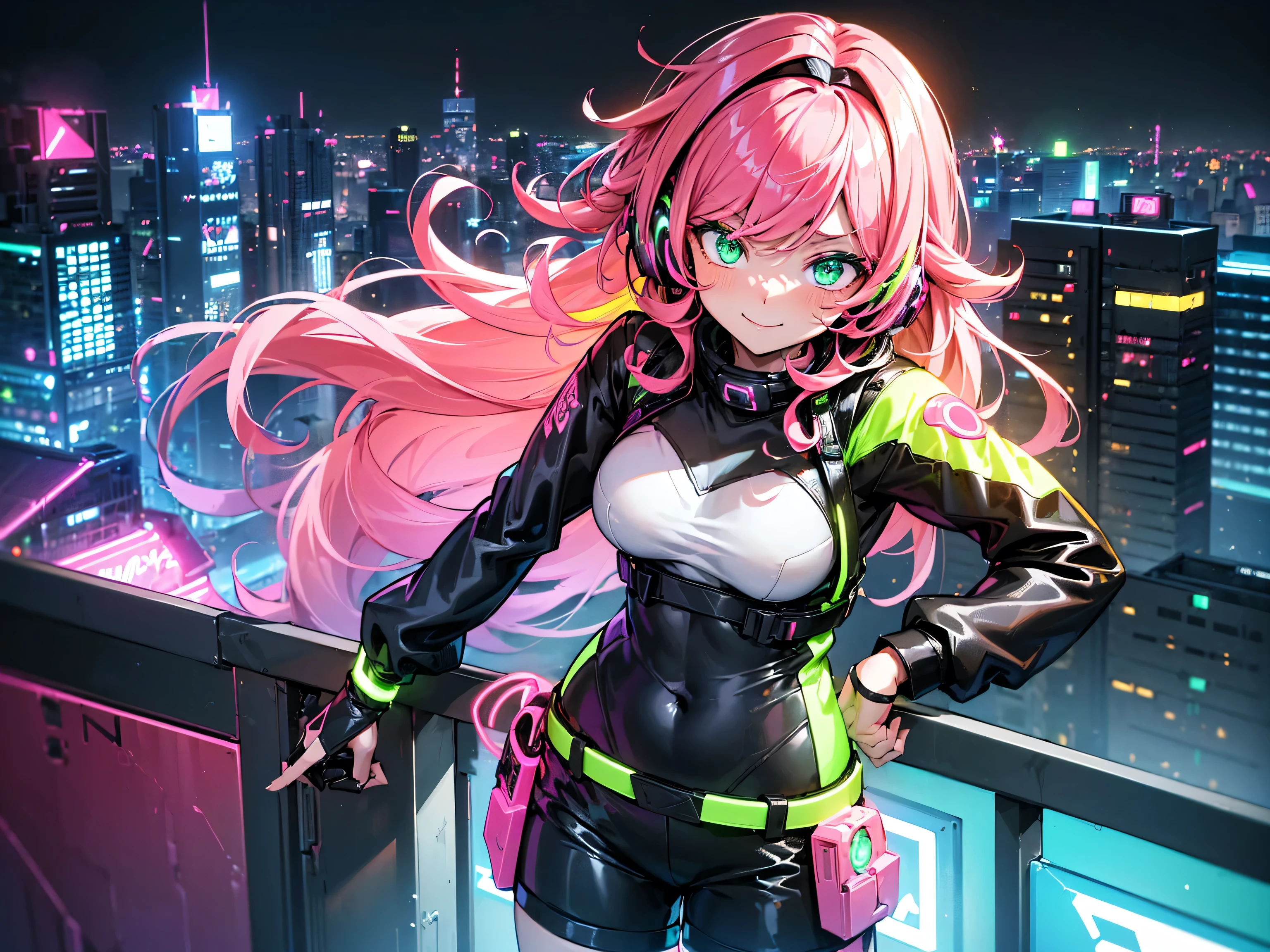 masterpiece:1.4, 1girl ((20year old, dressed in long sleeve shirt, tight black shorts, sneakers, medium breasts, multicolor pink hair, curly long hair, green eyes:1.4, Wearing headphones, happy, smiling, standing on a balcony:1.1 tall sci-fi buildings in background:1.1, neon and energetic atmosphere:1.2)) ((night)) (close up shot)) ((solo:1.6))