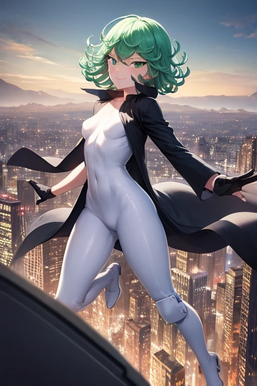 Masterpiece, best quality, ultra detailed, illustration, lighting epic, cinematic composition, 1 girl, Tatsumaki, short hair, green hair, very small breasts, green eyes, bright eyes, smiling, blushing, closed mouth, piercing gaze, full body, long beige trench coat, open trench coat, black fingerless gloves, white shirt, white nanotechnology suit, white pants, white knee pads, metallic white boots, nanotechnology in the air, city background, anime