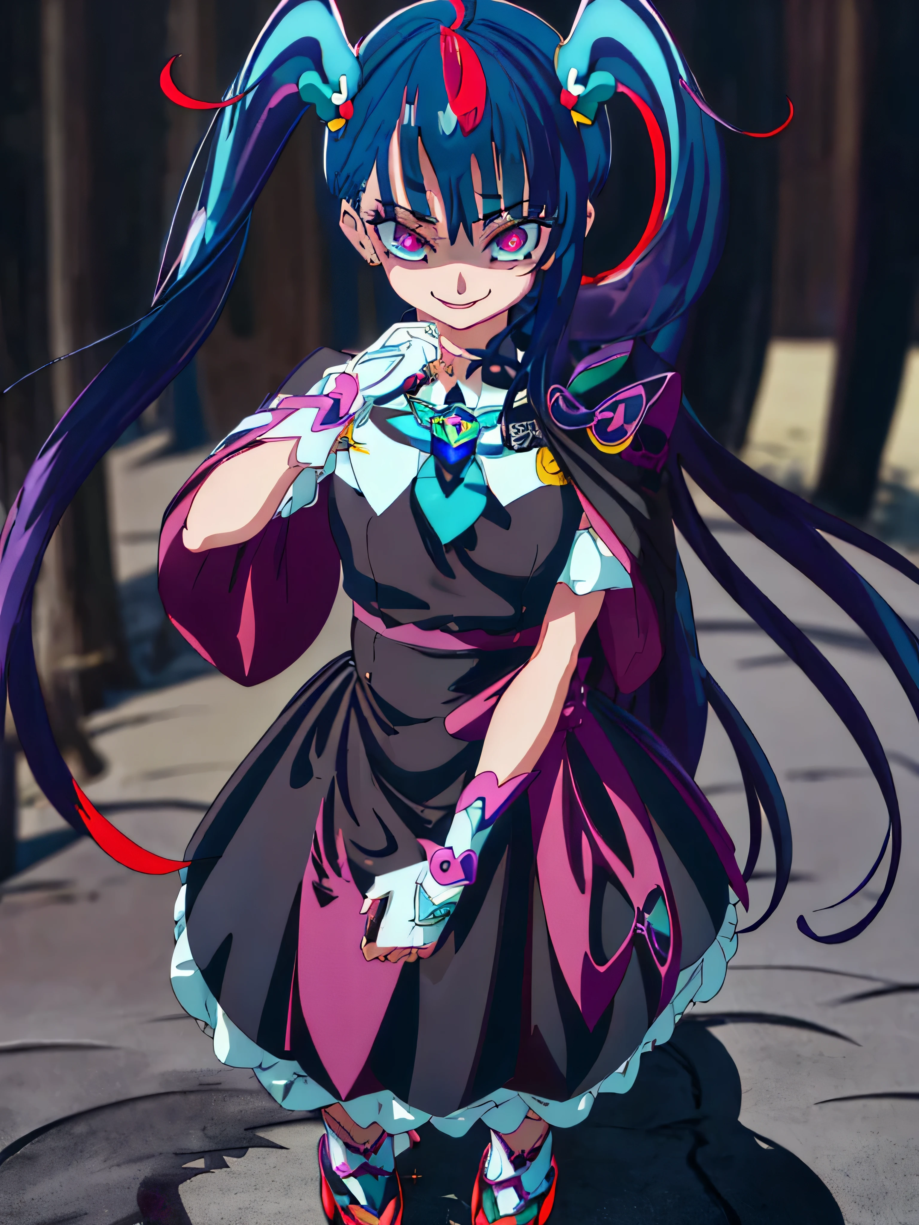 Best Quality, Very detailed,One Girl, alone, {cure_null_hirogarunullprecure:1.15}, Dark Blue Hair,Red eyes, Red flames in the eyes, Long Hair, Twin tails, Magical Girl, bangs, Open your mouth, Redhead, multicoloRedhead, One Girl, blunt bangs, Darken your clothes, Hair Accessories, Evil smile, devilish aura (Shiny fabric:1.5), Full Body Shot, Purple Gemstone, Charming, , (Beautiful attention to detail:1.6), Very detailed顔, Perfect lighting, Very detailedなCG, (Perfect hands, Perfect Anatomy), devil, black color scheme, Shiny material, Green, Black ribbon, black satin gloves, Evil clover leaf decoration, Black frills, jewelry, corruption, Latex gloss, Black Gothic Cape, Evil smile,(A spooky world)))), (((A world of fear))) ,((masterpiece)), ((Best Quality)), ((Very detailed)), (shape), ((Very delicate and beautiful)), , cloudy null, CG Style, One-sided black wing,Dark Shadow Face,Sadistic smile,Malice,Contempt,smile,black,,Perfect body,,Perfect Face,A somewhat crazy smile and a powerful black aura,（Dark and scary atmosphere,Gothic Fashion,Dark colors）,(Shrouded in darkness, black background, shadow, Extreme darkness:2.0),Dark Energy,looking down at viewer