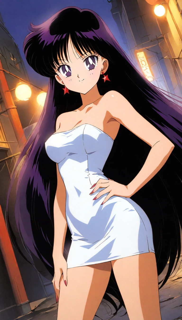 aamars, very long hair, black hair, parted bangs, purple eyes, 1990s \(style\), 1 girl, solo, Best quality, masterpiece, High Definition, strapless, a black strapless tube dress, night, street, standing, red high heels, sexy posing, cowboy shot, medium breast, smile, full body, dutch angle, hands on hip