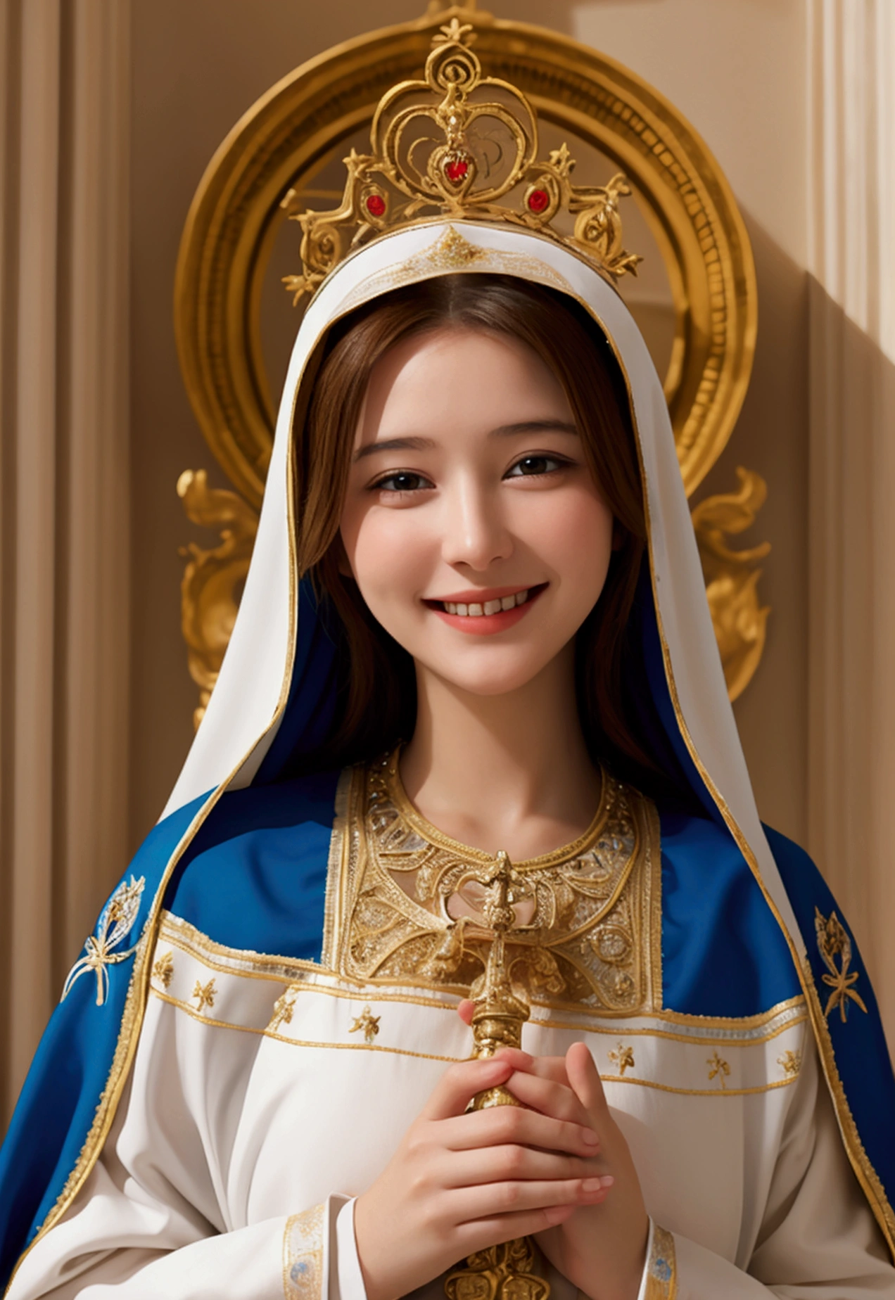 8K、Photorealistic RAW photos of the highest quality。1.4)(1 Mature Saint) Super beauty(lifelike face) Busty Saint,Wear a blue and white sacred robe Silver staff with golden decoration Long blonde hair and blue eyes Smiling clergy Beautiful appearance、White costume of the saint、Golden decoration in the church、超A high resolution、super realistic skin、