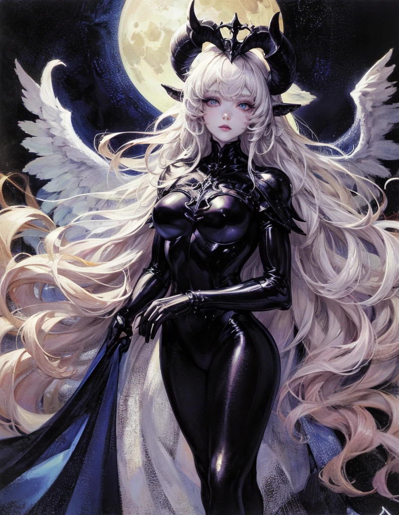 (best lighting) (best quality, masterpiece:1.2), (absurdres), 4k, (detailed eyes), (detailed face), ethereal woman with pale skin wearing medieval armour and latex bodysuit. She has long silver hair and is standing in front of a towering gothic castle, illuminated by a large moon over head, curvy, white wings and long horns, dark, moody, ((gothic)), ((dark fantasy)), medieval