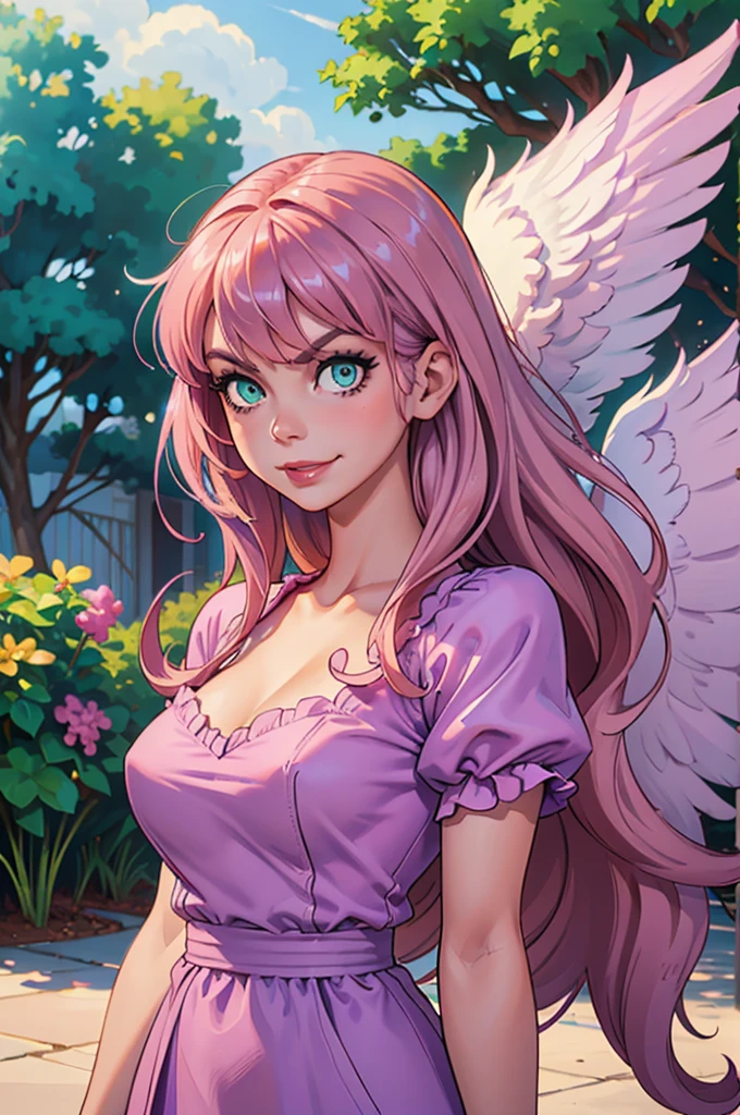 (mejor calidad, Obra maestra), mirando abajo, viento, Partícula, parte superior del cuerpo, 1 girl, ((angel wings)), ((pink skin)), red lips, medium hair, (((loose hair))), (((very lilac hair))), ((lilac hair)), ((green eyes)), big breast, (((very lilac clothes))), (white gloves), ((lilac bouffant dress)), frowning, ((insane face angry)), fringe hair, (smiling), hair bangs