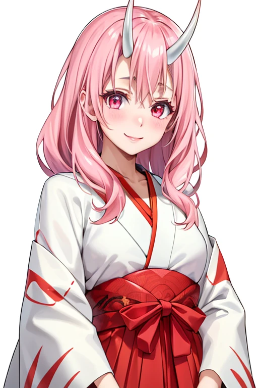 masterpiece, best quality, 1girl,  8k, ultra highres, solo,
(32k, masterpiece:1.2),(high detailed skin:1.1), 8k uhd, dslr, high quality, beautiful face, 
red and white kimono, long hair, pink hair, pink eyes, horns, red hakama, white kosode,
smile, blush, from front, simple background, white background,