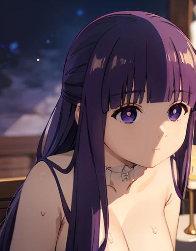 best quality, masterpiece, highres, detailed, digital artwork, FernF, white dress, black cloak, purple hair, purple eyes, blunt bangs, close-up, pout, upset, medieval inn, bikini