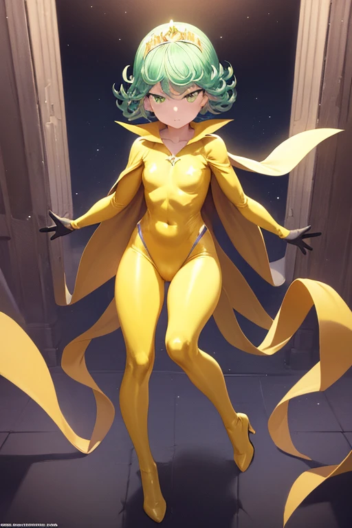 charlieBS, blonde hair, hair bun, short hair, bodysuit, cleavage, cape, yellow gloves, elbow gloves, green pantyhose, green footwear, green pants, web swinging, spider web, city, in the air, superhero