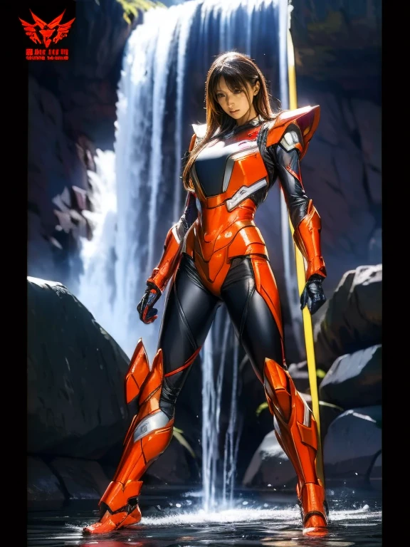 Full Body Shot, Very detailed, The costume colors were inspired by Gundam.、8k, Actual Photos, impressive lighting, Dynamic action poses, Great energy effect, Black and red color palette, Simple costume design, advanced technology, Heroic and powerful, With a large waterfall in the background、standing。