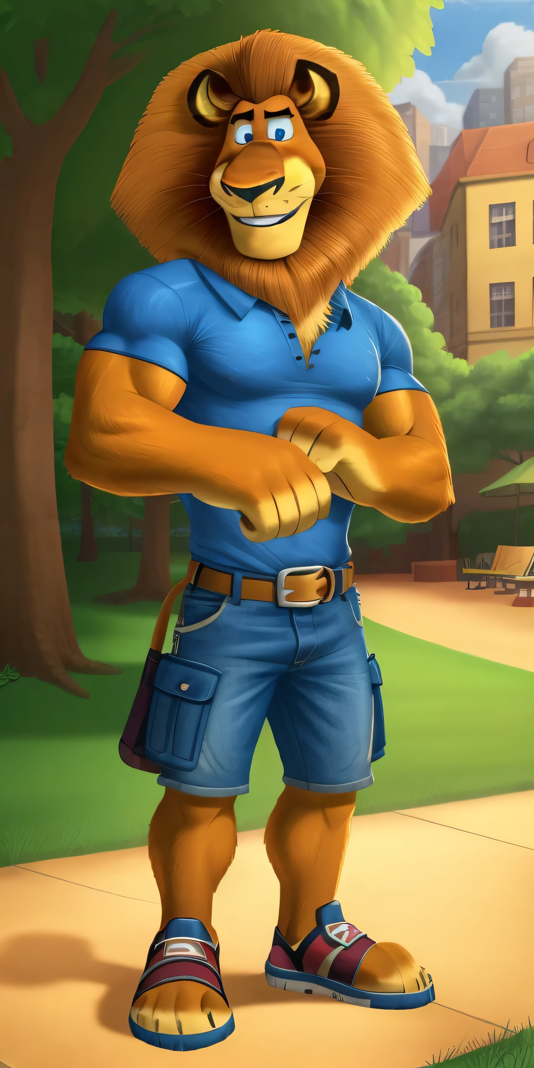 AlexLion, solo, cartoony proportions, correct anatomy, muscular body, biceps anatomy correct, big biceps, extremely beautiful and cute face, perfect face, ultra quality face, perfect eyes, ultra quality eyes, perfectly detailed blue eyes, white iris with perfectly detailed pupils, ultra quality fur, soft and delicate fur, wears blue polo shirt with short sleeves, denim cargo shorts with brown belt, Skechers Casual Sandals, park background, gently looking at the viewer, cute smiling, radiant, cute, handsome, beautiful, kind, sweety, extremely charismatic, majestic, friendly, simply irresistible, well-mannered, polite, cultural, attractive, charming, super good looking, grin, hot, sexy, mature, adult, pacifist, calm, face focus, ultra detalization, perfect detalization, perfectly detailed, ultra HD quality, highest resolution, 4k, 8k.