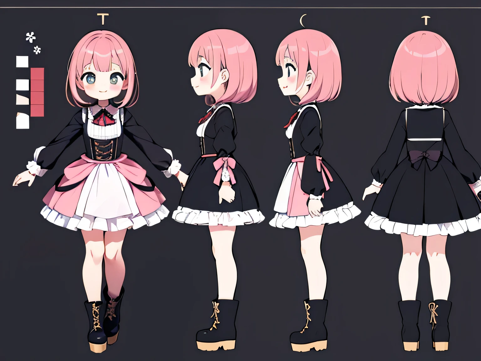 character sheet,masterpiece, highest quality, cute, cute, 1 girl, alone, Mine series,platform boots,pink makeup,T pose,pink weaving,A sloppy smile,close your mouth,Gothic ta