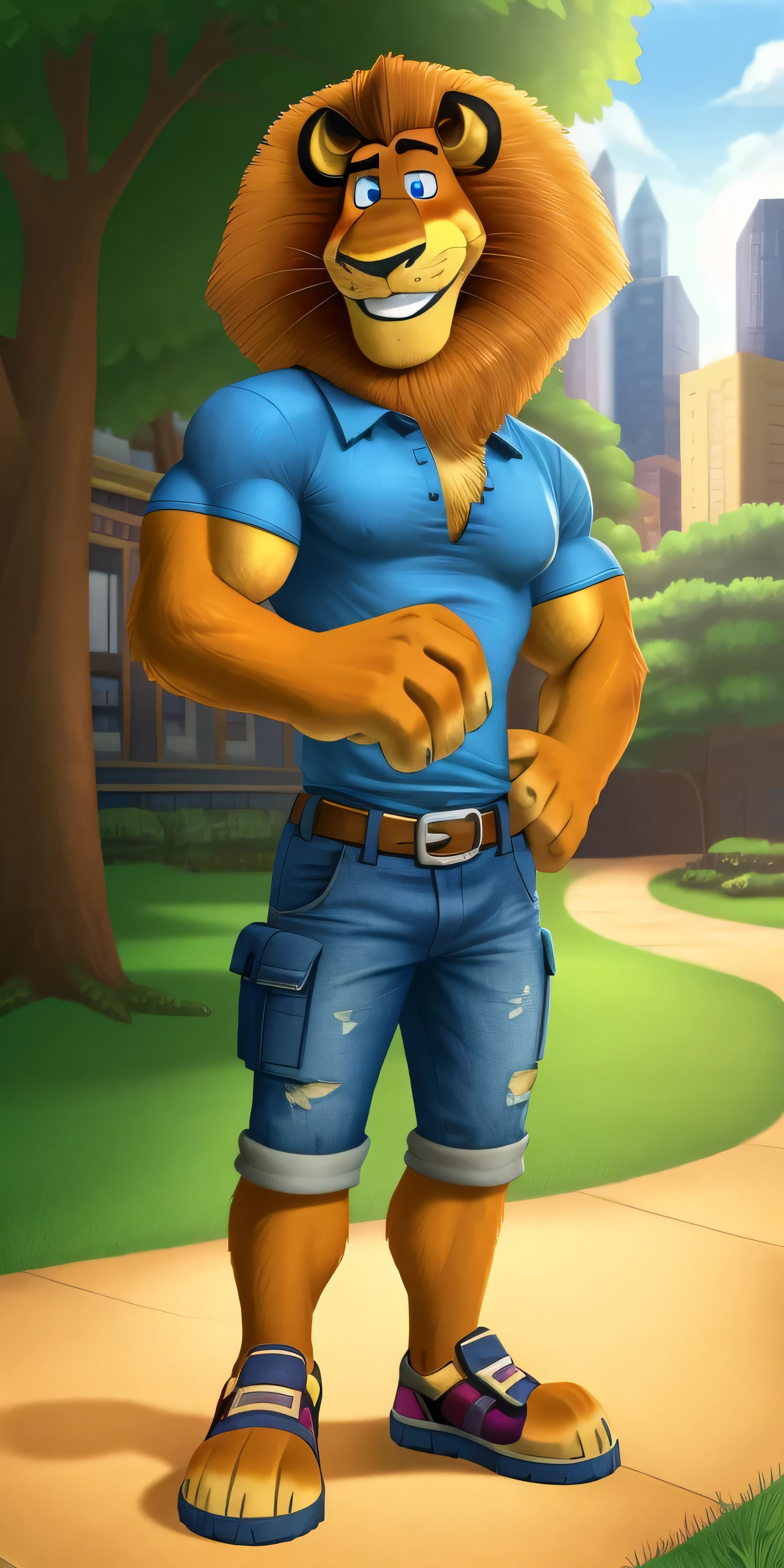 AlexLion, solo, cartoony proportions, correct anatomy, muscular body, biceps anatomy correct, big biceps, extremely beautiful and cute face, perfect face, ultra quality face, perfect eyes, ultra quality eyes, perfectly detailed blue eyes, white iris with perfectly detailed pupils, ultra quality fur, soft and delicate fur, wears blue polo shirt with short sleeves, denim cargo shorts with brown belt, Skechers Casual Sandals, park background, hands in pockets, gently looking at the viewer, cute smiling, radiant, cute, handsome, beautiful, kind, sweety, extremely charismatic, majestic, friendly, simply irresistible, well-mannered, polite, cultural, attractive, charming, super good looking, grin, hot, sexy, mature, adult, pacifist, calm, face focus, ultra detalization, perfect detalization, perfectly detailed, ultra HD quality, highest resolution, 4k, 8k.