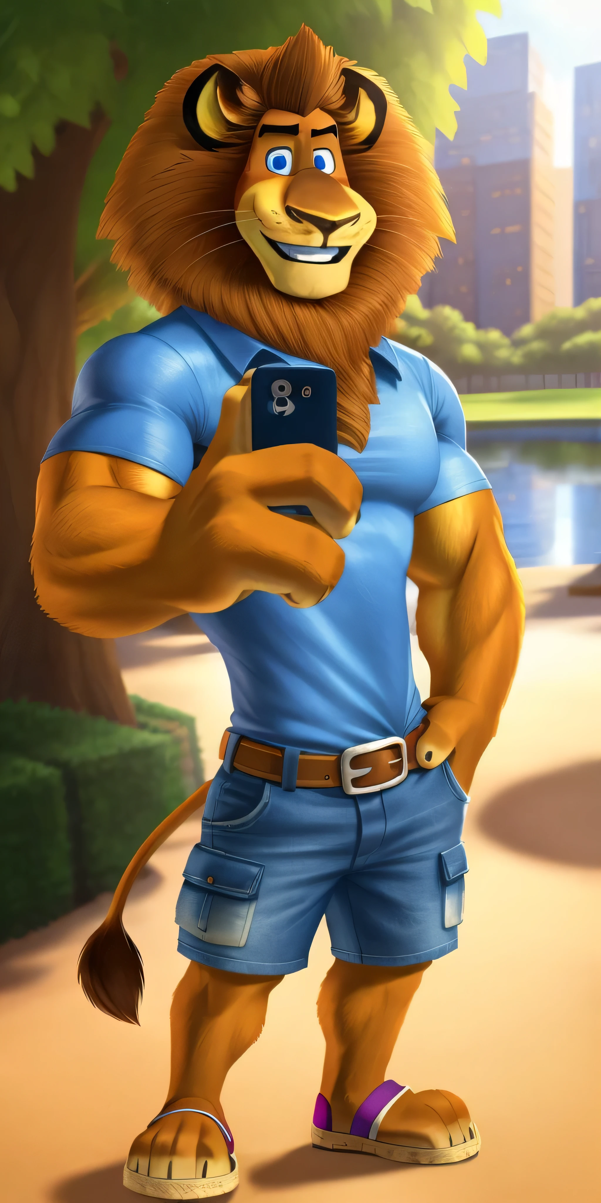 AlexLion, solo, cartoony proportions, correct anatomy, muscular body, biceps anatomy correct, big biceps, extremely beautiful and cute face, perfect face, ultra quality face, perfect eyes, ultra quality eyes, perfectly detailed blue eyes, white iris with perfectly detailed pupils, ultra quality fur, soft and delicate fur, wears blue polo shirt with short sleeves, denim cargo shorts with brown belt, Skechers Casual Sandals, park background, hands in pockets, selfie, gently looking at the viewer, cute smiling, radiant, cute, handsome, beautiful, kind, sweety, extremely charismatic, majestic, friendly, simply irresistible, well-mannered, polite, cultural, attractive, charming, super good looking, grin, hot, sexy, mature, adult, pacifist, calm, face focus, ultra detalization, perfect detalization, perfectly detailed, ultra HD quality, highest resolution, 4k, 8k.