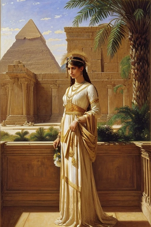 Oil painting, (an Egyptian queen with braided hair and a golden headdress, dressed in an intricately embroidered linen gown, delicately holding a wreath of daisy flowers), (standing beside the Nile River, with the pyramids and a distant temple reflected in the water, golden sunlight filtering through palm trees), (soft, warm lighting, dramatic shadows, rich color palette, highly detailed, professional, historical elegance), by John Singer Sargent and Lawrence Alma-Tadema and Jean-Léon Gérôme