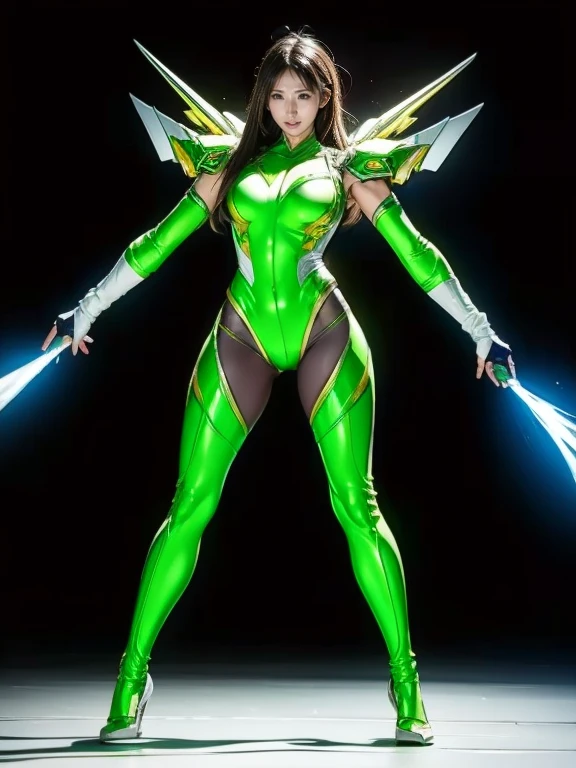 Full Body Shot, Very detailed, The costume colors were inspired by Gundam.、8k, Actual Photos, Impressive lighting, Dynamic action poses, Great energy effect,Green and gold color palette, Simple costume design, Advanced Technology, Heroic and powerful, The background is gray、Stand Calm。