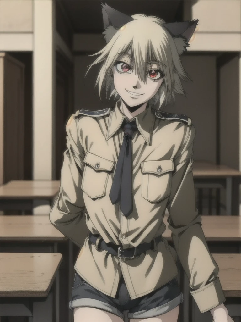 (red eyes:1.5), animal ears, hair between eyes, tail, blonde hair, HUSchrödinger, boy, Black cat ears, Yellow military uniform, tie, cat tail, curly hair, long sleeves, shorts, looking at viewer,indoors, classroom, (cowboy shot:1.5),
(masterpiece:1.2), best quality, high resolution, unity 8k wallpaper, (illustration:0.8), (beautiful detailed eyes:1.6), extremely detailed face, perfect lighting, extremely detailed CG, (perfect hands, perfect anatomy),grin,seductive model posing,