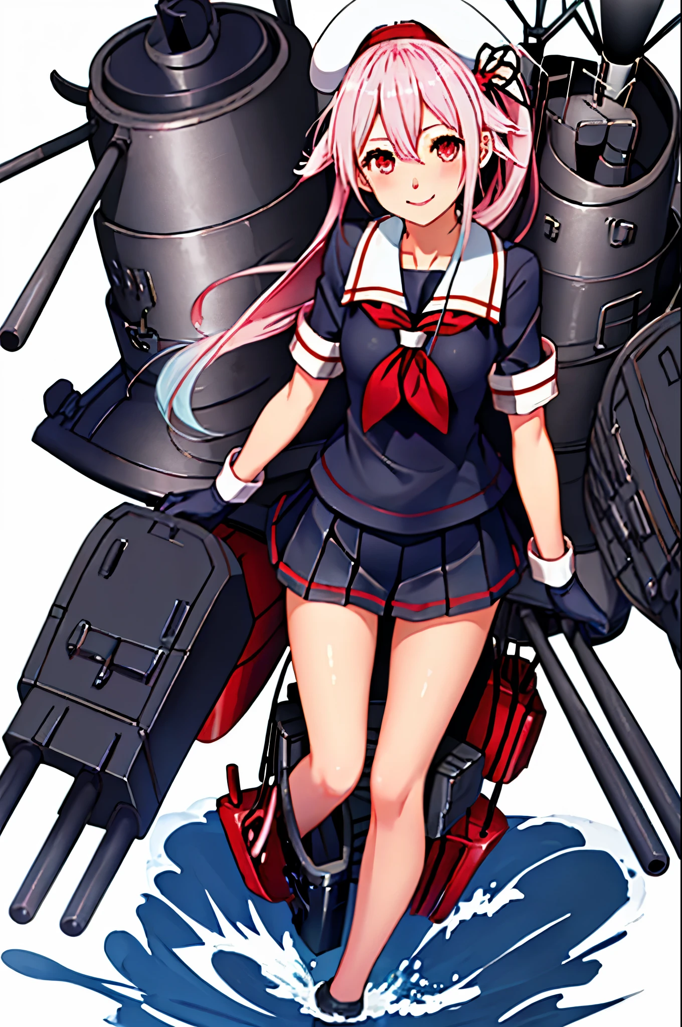 masterpiece, High resolution, 1 girl, (Harusame Kai Ni Kantai Collection:1.15), Red eyes,  smile, Pink Hair, Side Ponytail, Full body view, Slender body, Flat Chest, Small breasts, (White background)