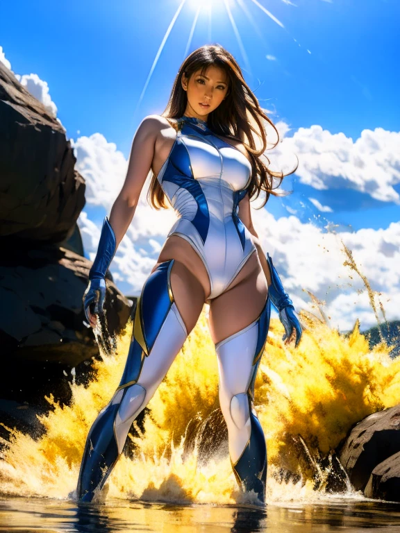 Full Body Shot, Very detailed, The costume colors were inspired by Gundam.、8k, Actual Photos, Impressive lighting, Dynamic action poses, Great energy effect, White and sky blue color palette, Simple costume design, Advanced Technology, Heroic and powerful, With a large waterfall in the background、standing。