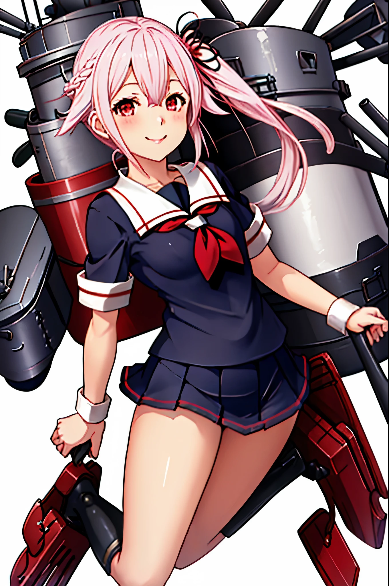 masterpiece, High resolution, 1 girl, (Harusame Kai Ni Kantai Collection:1.15), Red eyes,  smile, Pink Hair, Side Ponytail, Full body view, Slender body, Flat Chest, Small breasts, (White background)