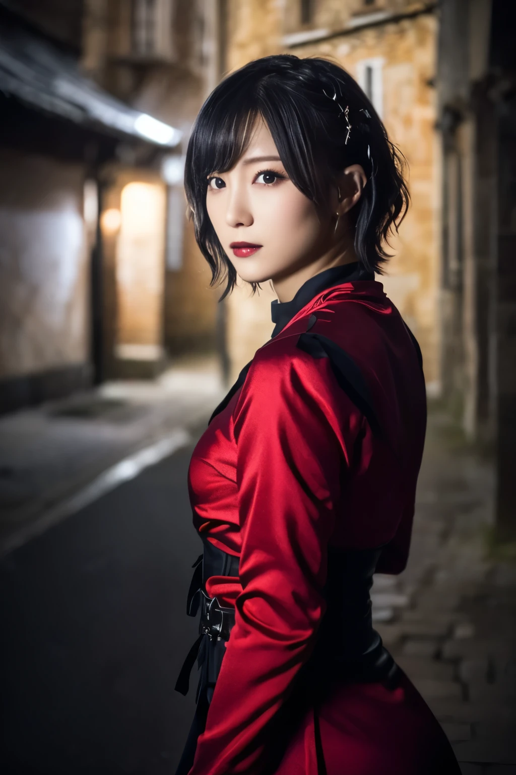 1 girl, (She is wearing a red dress:1.2), (Gothic Makeup), Portrait of a very cute Japanese symphonic metal singer, (RAW Photo Best Quality), (Realistic, Realistic:1.4), (masterpiece), 
that&#39;So delicate and beautiful, Very detailed, 2k wallpaper, wonderful, finely, Very detailed CG Unity 8K wallpaper, Very detailed, High resolution, Soft light, 
Beautiful detailed girl, Very detailed目と顔, A beautiful and elegant nose, Beautiful beautiful eyes, Cinema Lighting, 
(She is standing in a deserted medieval town:1.3), (night), (Girl full body silhouette:1.2), (Dark screen:1.5), (I am very ), (Please show me your ass),
(short hair), (Messy Hair), 
Perfect Anatomy, Slender body, Small breasts