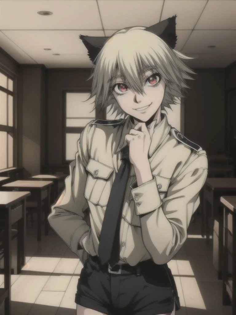 (red eyes:1.5), animal ears, hair between eyes, tail, blonde hair, HUSchrödinger, boy, Black cat ears, Yellow military uniform, tie, cat tail, curly hair, long sleeves, shorts, looking at viewer,indoors, classroom, (cowboy shot:1.5),
(masterpiece:1.2), best quality, high resolution, unity 8k wallpaper, (illustration:0.8), (beautiful detailed eyes:1.6), extremely detailed face, perfect lighting, extremely detailed CG, (perfect hands, perfect anatomy),grin,seductive model posing,