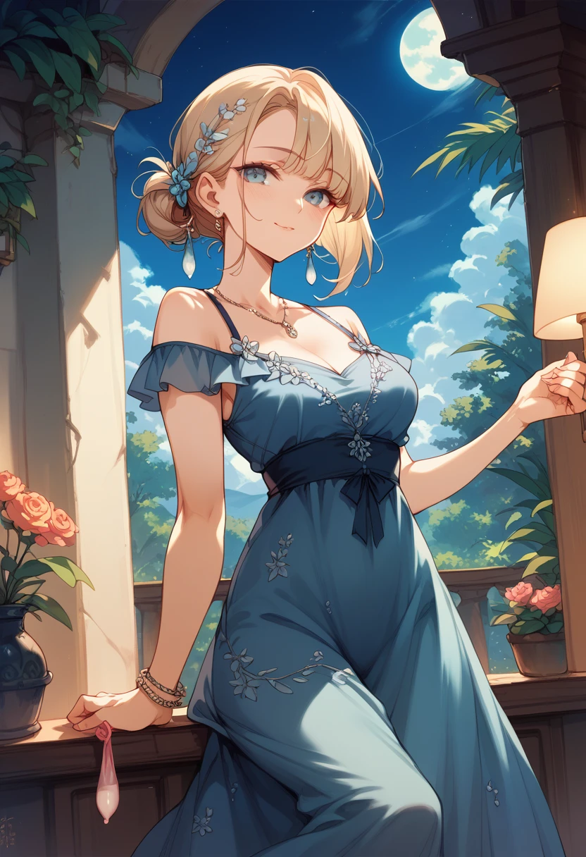 Anime style image of a woman with blonde hair, straight and short.blue eyes, fair skin, delicate appearance, smiling, reddened lips, small breasts, big ass,thin waist and wearing a blue dress with a red bra appearing. Full body --auto --s2