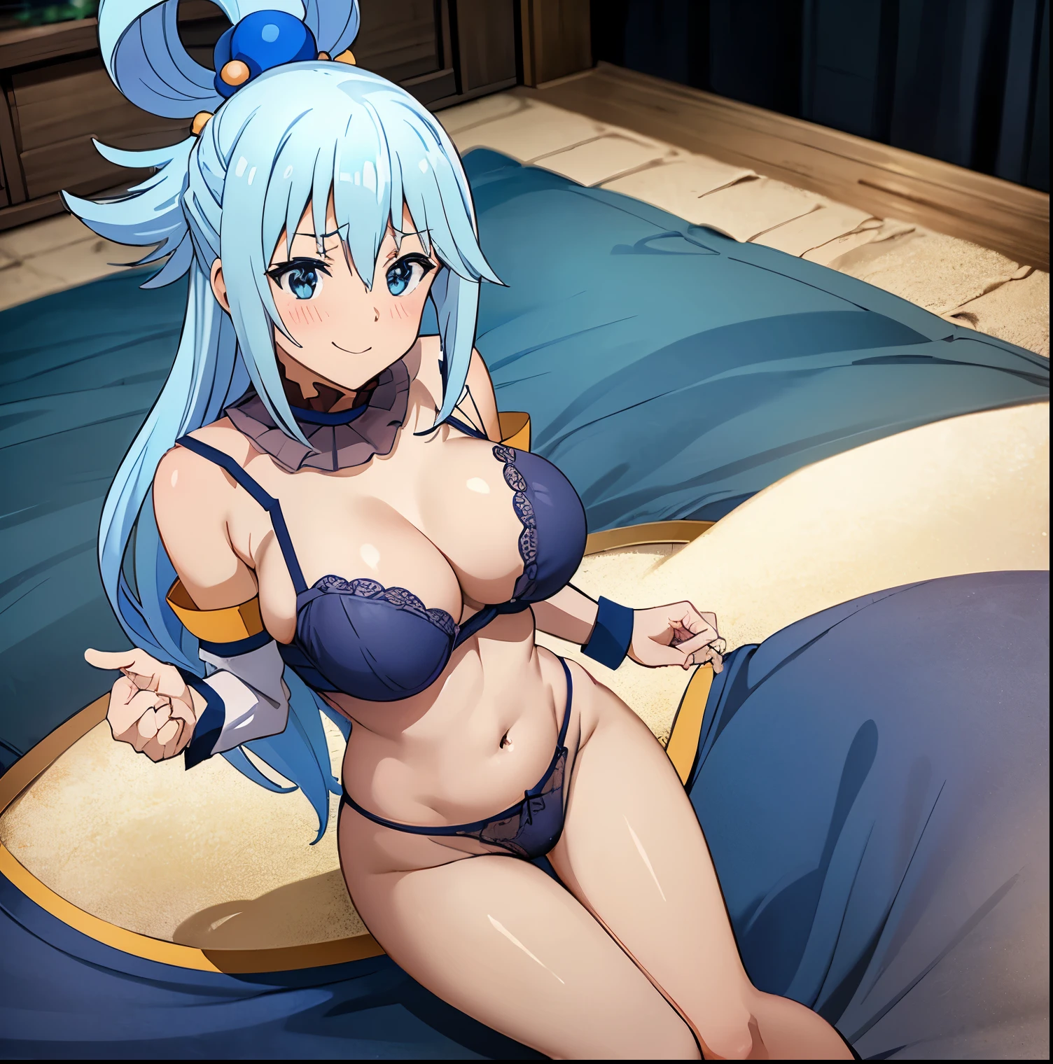 ((1 girl)), ((alone)), ((aqua)),((konosuba )),(masterpiece, best quality: 1.2), blush, smile, long hair, blue hair, blue eyes, smile, closed mouth, mocking grimace, hand grabbing a breast, full body, sexy body, ((looking at viewer)),(( looking forward)), ((focus on breasts:1.3)), point of view : (from above), hair rings, big breasts, medium waist, wide hips, wide thighs, round butt, ((dark blue lingerie:1.3)), bare shoulders, bare legs, navel, bare thighs, bare shoulders, ((inn room for adventurers)), medieval landscape, night, window, curtains, moon, bed, dressing table, perfect anatomy, perfect hands