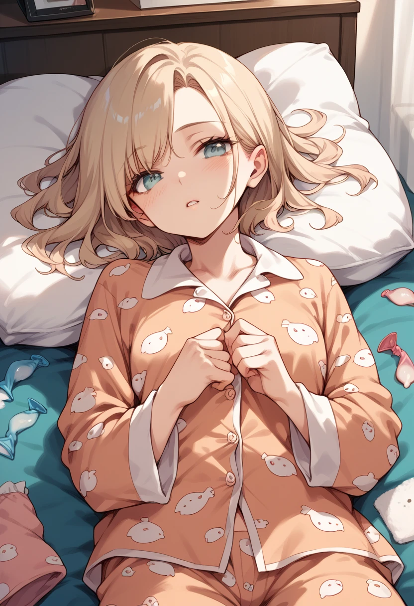 1girl,solo,blue eyes, on flat bed, chinese pajamas, upper lighting, ((curl up and sleep)), blonde hair, short bob cut, Impressionism, cinematic lighting, UHD, masterpiece, best quality, highres, 8k,
((Taken from directly above)),doze off