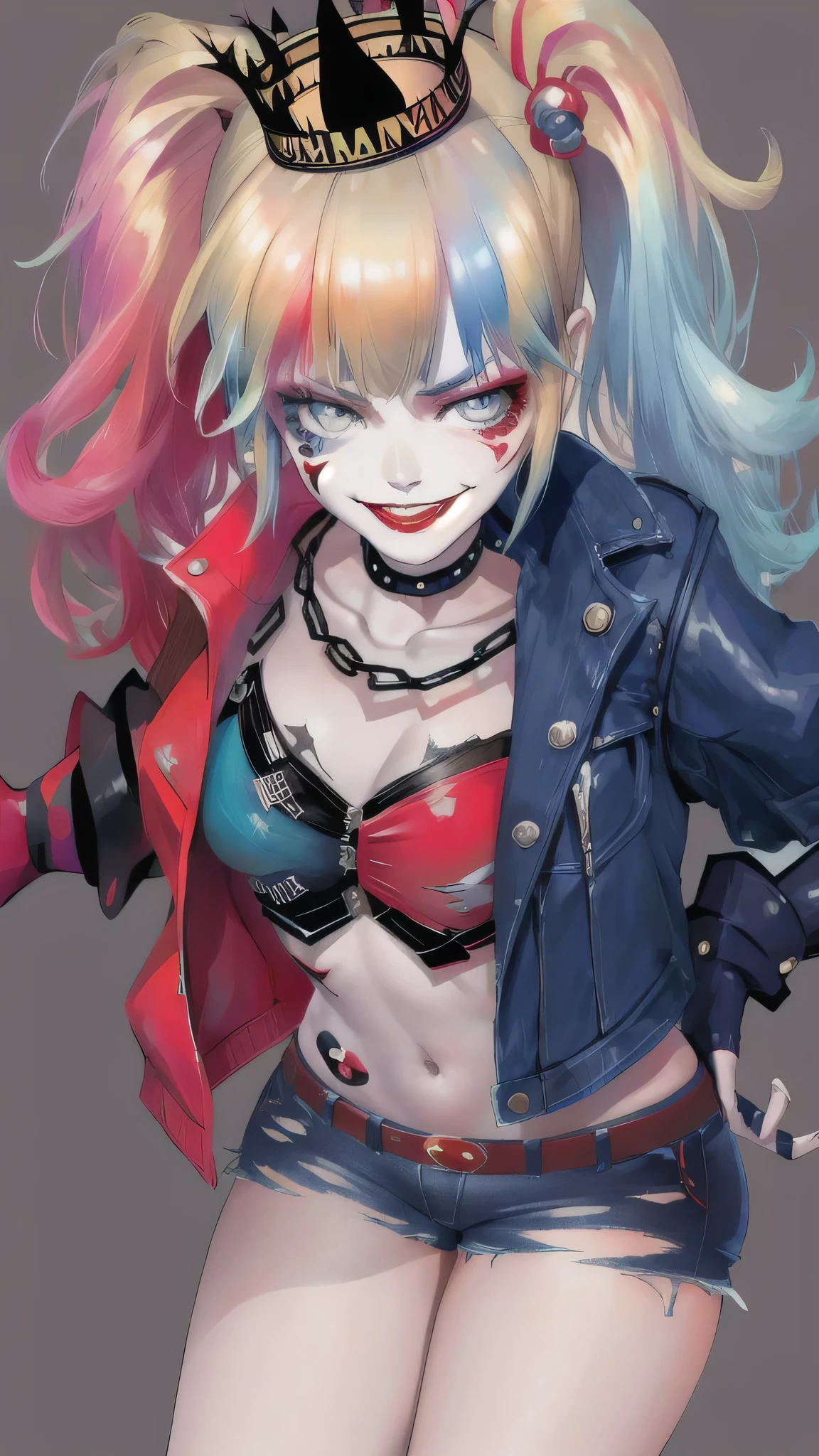 Harley quinn, jacket, sexy, denim shorts, crown,