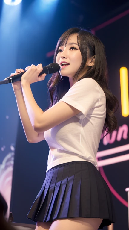 (8k, RAW photo, highest quality, proficiency: 1.2), (realistic, photorealistic: 1.4), beautiful detailed woman, highly detailed eyes and face, detailed skin texture, detailed cloth texture, beautifully detailed face, super detailed, high resolution, very detailed, highest quality, masterpiece, super high resolution, raw photo, 1 girl, ((Nogizaka 46 song Barefoot wearing Summer's original stage costume)) , ((Asuka Saito of Nogizaka 46 standing and singing and dancing in a stage costume mixed with purple)), (((seductive smile)), wearing shoes, shiny skin, dramatic lighting, full body, huge breasts