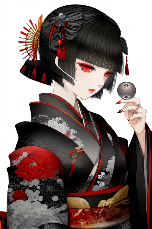 One girl,Black Hair,(((gray_eye))),anime,kimono, masterpiece,Highest_quality,White background,  