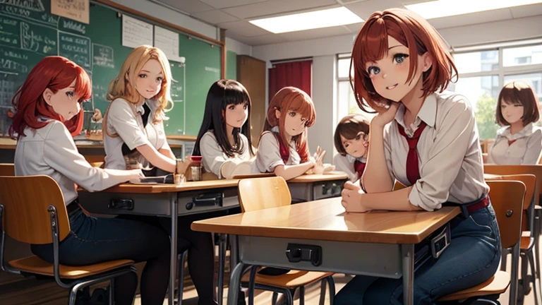 6 girls in school dress are sitting on a bench inside a class room