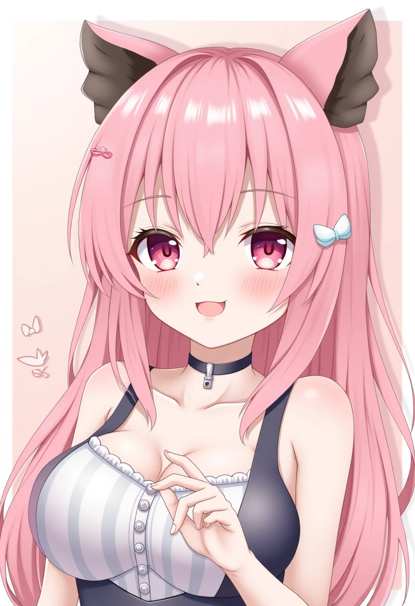 1girl with long pink hair, red eyes, two horns on head, big breasts, nude, pink and white striped stockings, shy face, (((chibi style))), pussy ,nipples
