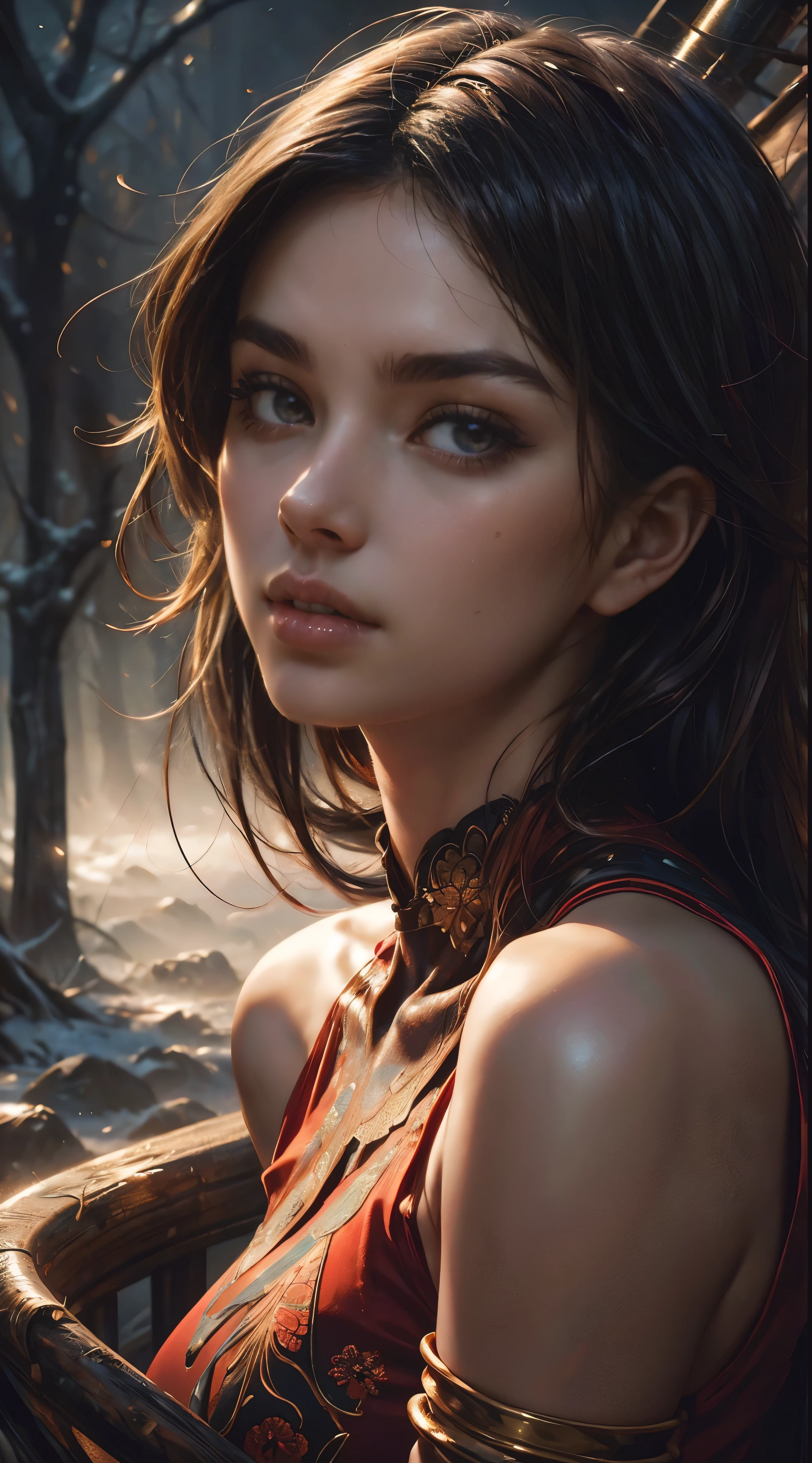 A stunning artwork by Alyssa Monks, featuring a close-up portrait of a woman with a captivating gaze. The woman's skin has a luminous, almost ethereal quality. She is wearing a vibrant red dress with intricate details that contrast with the darker tones of her surroundings. The background is a blend of rich, dark colors, with subtle brushstrokes that create depth and texture in the scene. The overall effect is a mesmerizing and emotive piece that captures the essence of the artist's unique style. By Sasan