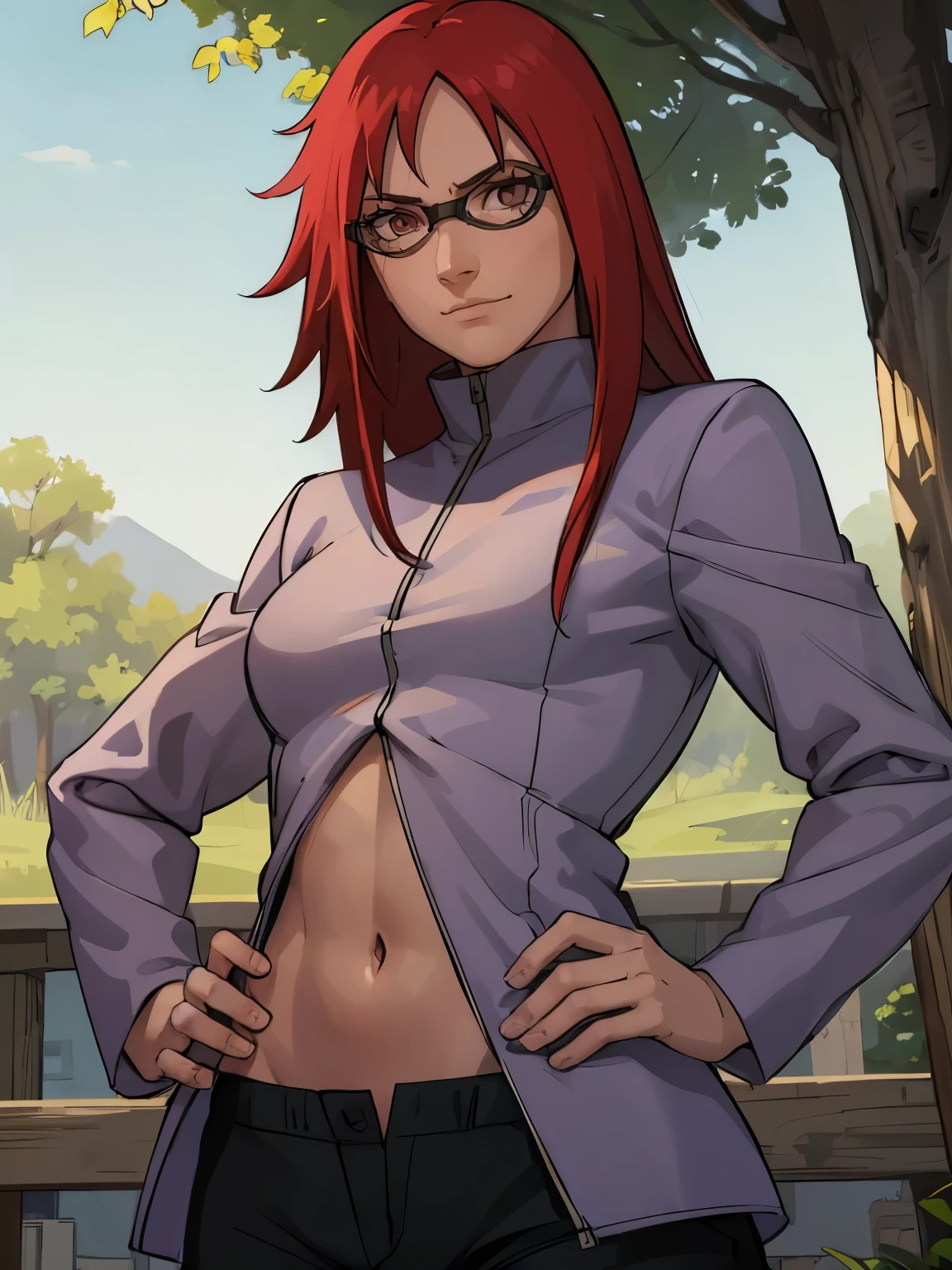 (masterpiece:1.2, best quality:1.2, beautiful, high quality, highres:1.1), detailed, extremely detailed 4K, perfect eyes, perfect face, perfect lighting, (1girl, solo, adult female, mature female), [muscular], leg muscles, thigh muscles, 
red hair, red eyes, glasses, midriff, skinny waist, hip bones, jacket, lowleg black shorts, long sleeves, karin, groin, exposed navel,
standing, outside, tree background, hand on hip, smirk, looking at viewer,