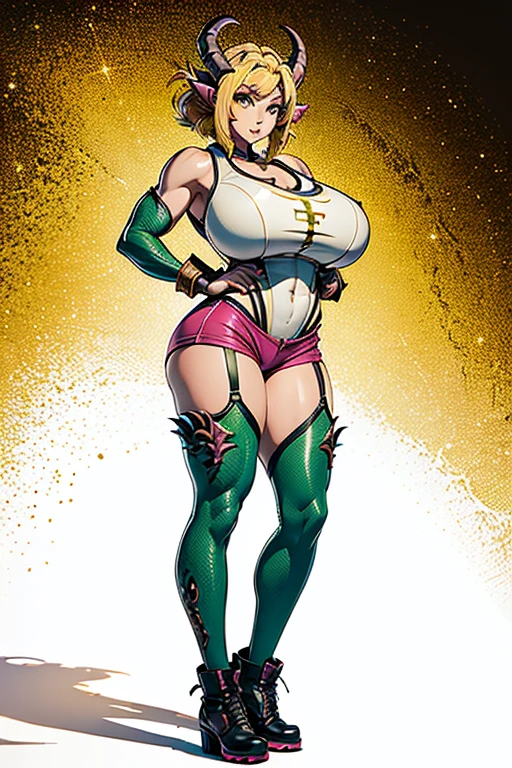 Dragon woman, very tall stature, fit body and huge breasts, long legs, pink skin, scales on her arms, horns, combat boots, fighting gloves, tight shorts, tank top, yellow hair, green eyes 8k hd masterpiece full body white background