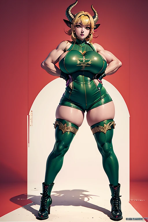 Dragon woman, very tall stature, fit body and huge breasts, long legs, pink skin, scales on her arms, horns, combat boots, fighting gloves, tight shorts, tank top, yellow hair, green eyes 8k hd masterpiece full body white background