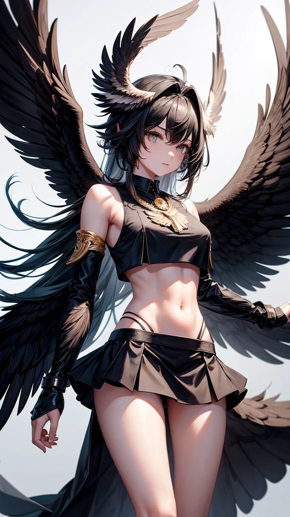 Ultra realistic, Chinese girl , long black hair,black feathers on the body, bird arms and legs, harpia , bird demon , front .