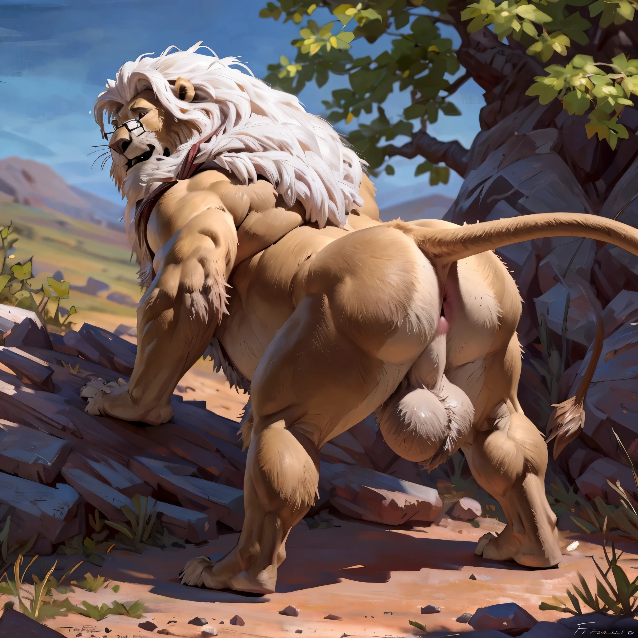 ultra-detailed, masterpiece, masterwork, high quality, best quality, hdr, (nature), nsfw, male, solo, lion, ((nude)), (little white body lion), (long silver hair, yellow eyes), squatting, dynamic angle, (foreskin, perfect balls), public hair