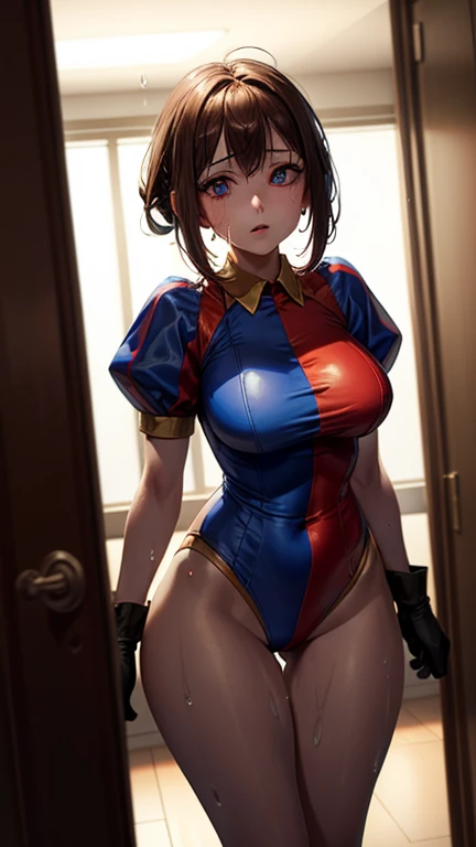 High quality masterpiece, (Unreal Engine), reality:1.8, Ultra-high resolution, Rich contrast, super high quality, 8k, High definition texture, Astonishing absolute resolution, Advanced Settings, colorful, Clear Image, Sharp focus, Digital Blending, (Hasselblad Photos, Dynamic Angle),

1 girl, pomni, Big Breasts, Red eyes and blue eyes, gloves, (Wear a tight business suit, My clothes are wet with sweat and sticky),  

indoor, Working in the city,