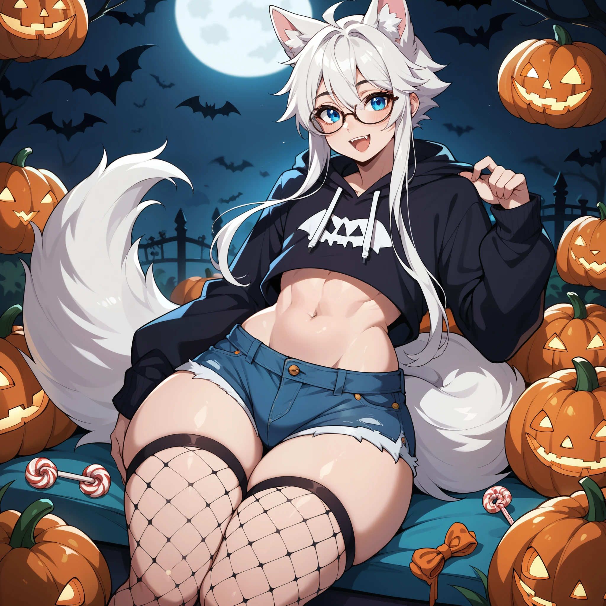 a cute adult male with wolf ears, long white hair, long locks, has a wolf tail, wearing a cute halloween hoodie, wearing denim furry short shorts and fishnet stockings, thick thighs, wide hips, relaxing on mound of fluffy multi colored plushies, short, very slim, showing slender tummy, squishy thighs, has glowing blue eyes. alone, solo (ALONE)(SOLO), halloween themed, halloween backround, happy, spiders, purple and orange, wearing glasses, surrounded by halloween styled plushies, surrounded by candy, male